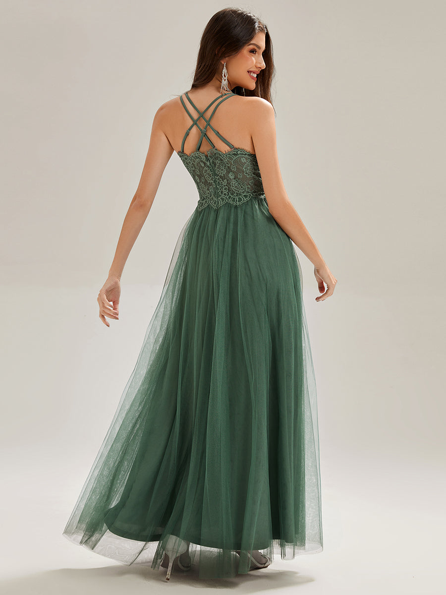 ever JAYCEE|Chic Lace Sheer Back and Cross Straps V-Neck Sleeveless Bridesmaid Dress