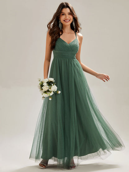 ever JAYCEE|Chic Lace Sheer Back and Cross Straps V-Neck Sleeveless Bridesmaid Dress