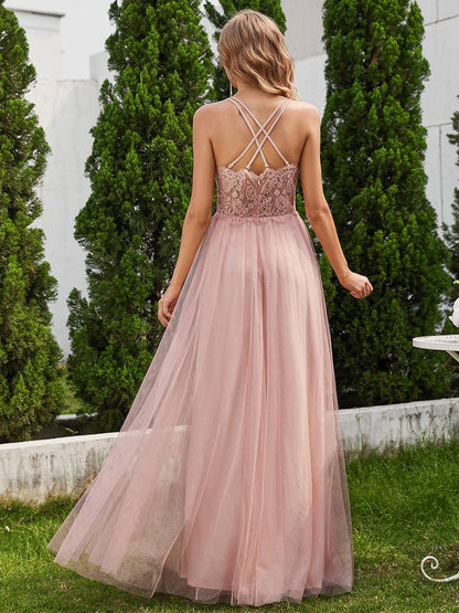 ever JAYCEE|Chic Lace Sheer Back and Cross Straps V-Neck Sleeveless Bridesmaid Dress