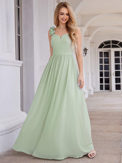 Floral Strap V-Neck Chiffon Bridesmaid Dress with A-Line Silhouette