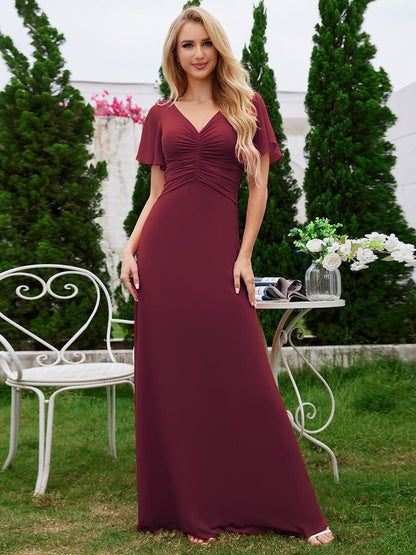 ever ELIOTTE|Ruffled Sleeves and V-Neck Pleated A-Line Chiffon Bridesmaid Dress
