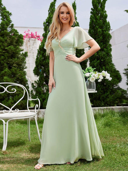 ever ELIOTTE|Ruffled Sleeves and V-Neck Pleated A-Line Chiffon Bridesmaid Dress