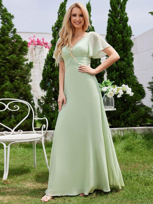 ever ELIOTTE|Ruffled Sleeves and V-Neck Pleated A-Line Chiffon Bridesmaid Dress