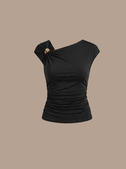 Knit Cap Sleeve Asymmetrical Neckline Tops