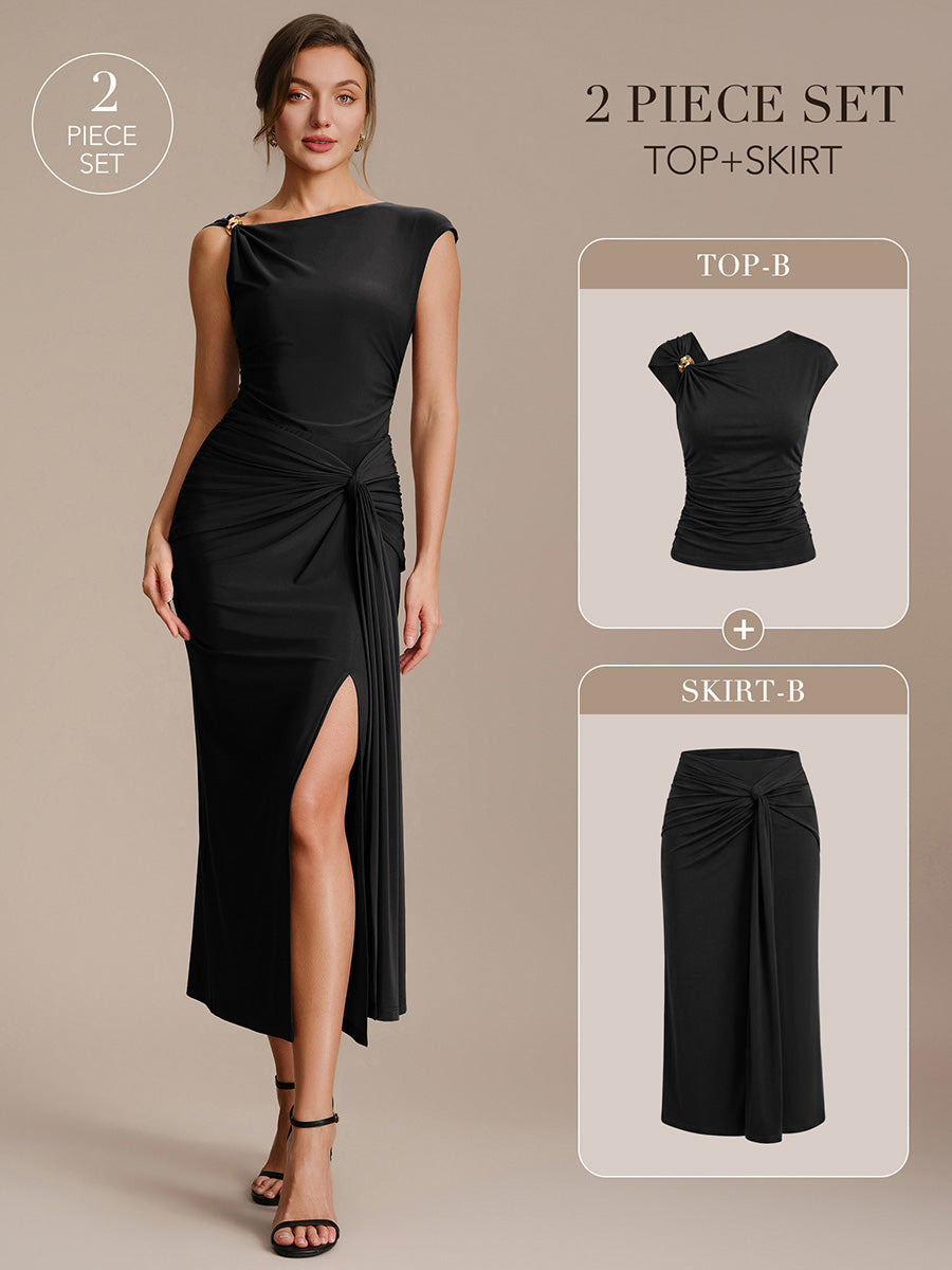 Knit Cap Sleeve Asymmetrical Neckline Tops