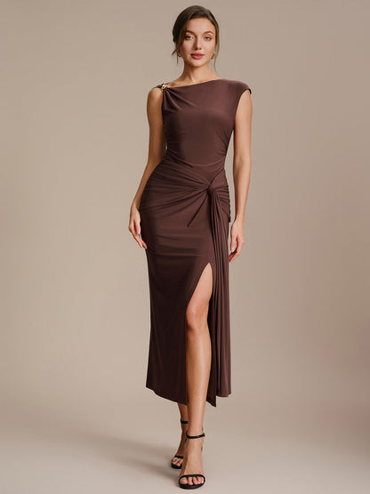 Knit Cap Sleeve Asymmetrical Neckline Tops
