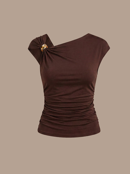 Knit Cap Sleeve Asymmetrical Neckline Tops