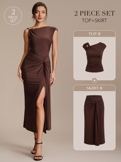 Knit Cap Sleeve Asymmetrical Neckline Tops