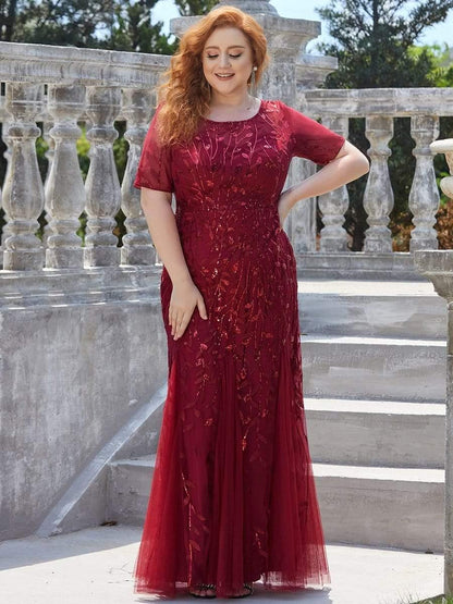 pretty JADEN|Floral Sequin Print Plus Size Mermaid Tulle Evening Dress