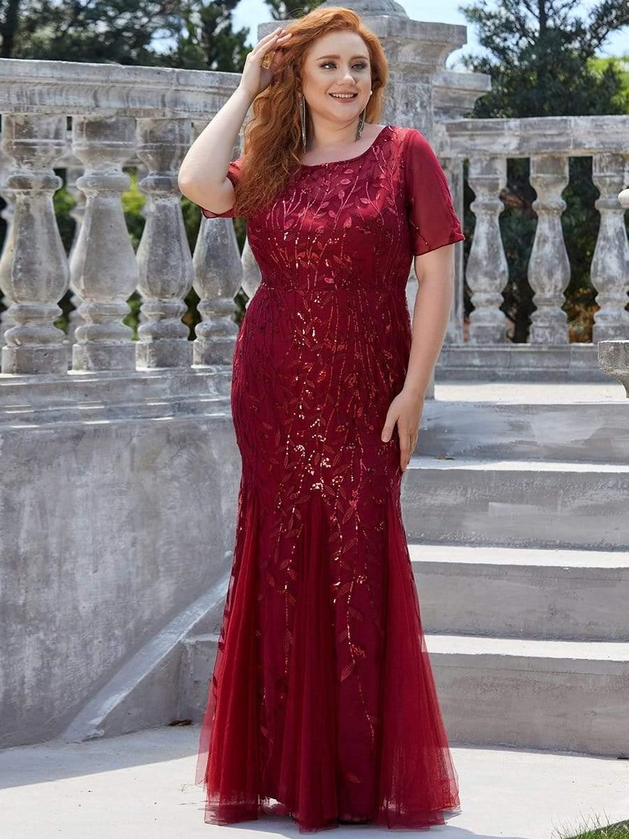 pretty JADEN|Floral Sequin Print Plus Size Mermaid Tulle Evening Dress