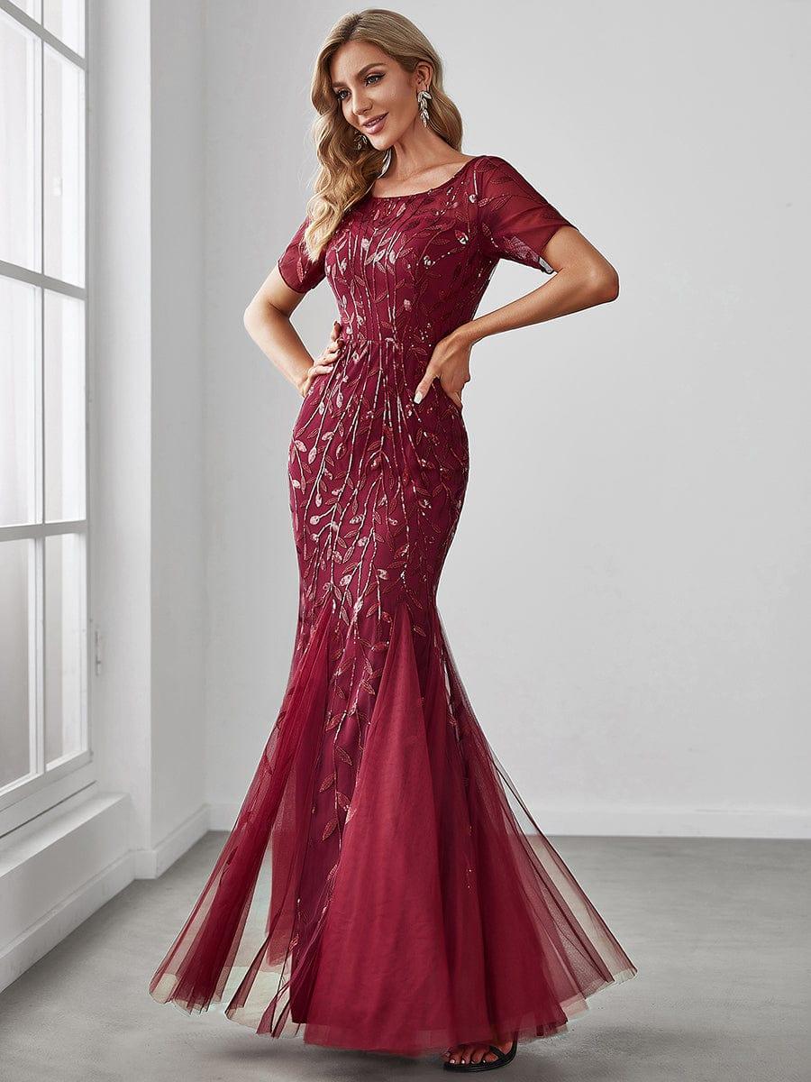 ever JADEN|Floral Sequin Maxi Fishtail Tulle Formal Evening Dress with Short Sleeve
