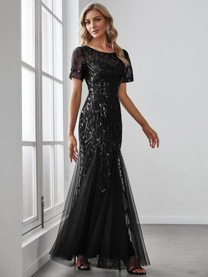 ever JADEN|Floral Sequin Maxi Fishtail Tulle Formal Evening Dress with Short Sleeve