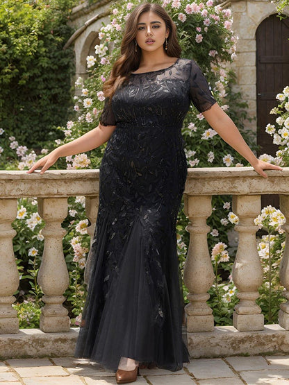 pretty JADEN|Floral Sequin Print Plus Size Mermaid Tulle Evening Dress