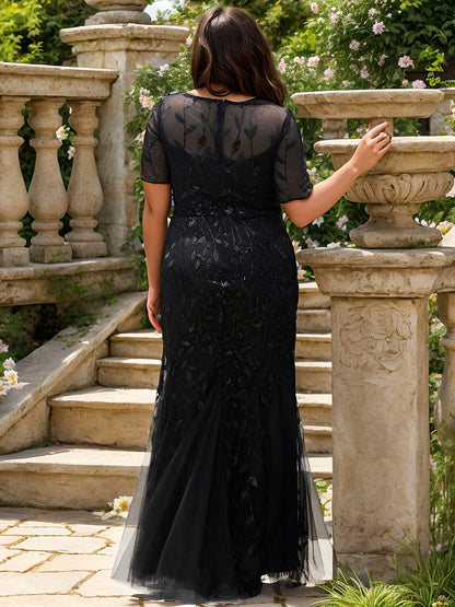 pretty JADEN|Floral Sequin Print Plus Size Mermaid Tulle Evening Dress