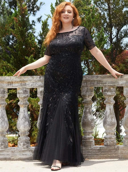 pretty JADEN|Floral Sequin Print Plus Size Mermaid Tulle Evening Dress