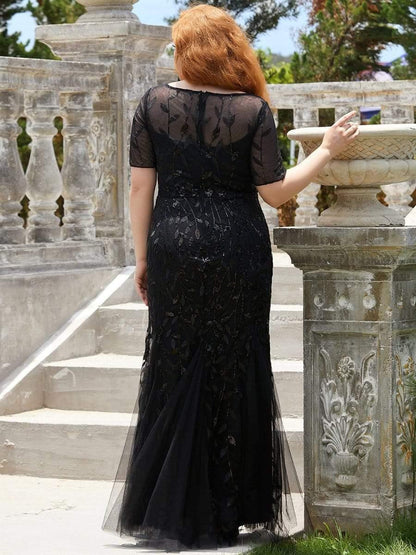 pretty JADEN|Floral Sequin Print Plus Size Mermaid Tulle Evening Dress