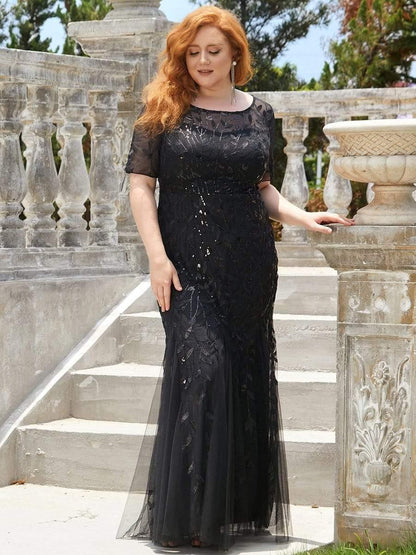 pretty JADEN|Floral Sequin Print Plus Size Mermaid Tulle Evening Dress