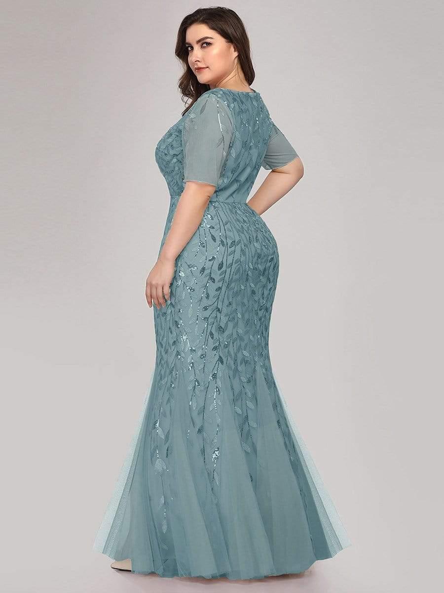 ever JADEN|Floral Sequin Maxi Fishtail Tulle Formal Evening Dress with Short Sleeve