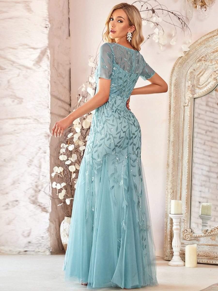ever JADEN|Floral Sequin Maxi Fishtail Tulle Formal Evening Dress with Short Sleeve