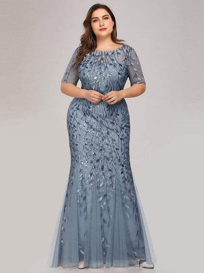 pretty JADEN|Floral Sequin Print Plus Size Mermaid Tulle Evening Dress