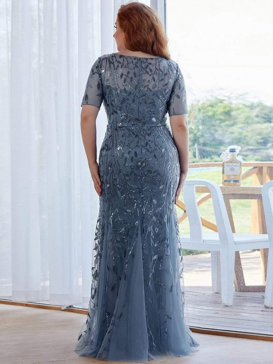 pretty JADEN|Floral Sequin Print Plus Size Mermaid Tulle Evening Dress