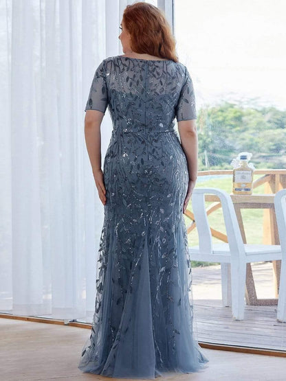 pretty JADEN|Floral Sequin Print Plus Size Mermaid Tulle Evening Dress