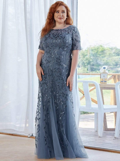 pretty JADEN|Floral Sequin Print Plus Size Mermaid Tulle Evening Dress