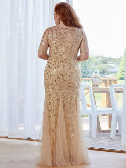pretty JADEN|Floral Sequin Print Plus Size Mermaid Tulle Evening Dress
