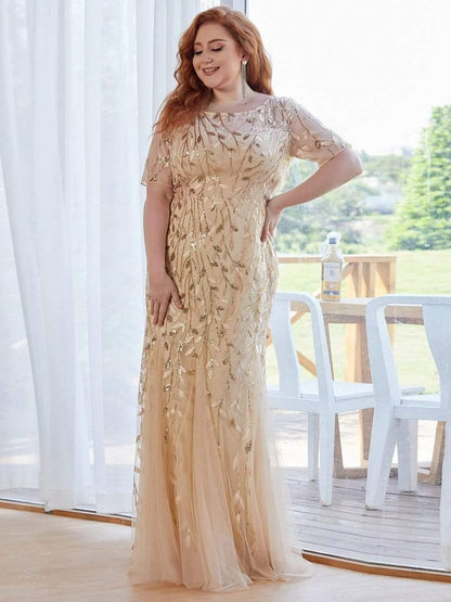 pretty JADEN|Floral Sequin Print Plus Size Mermaid Tulle Evening Dress