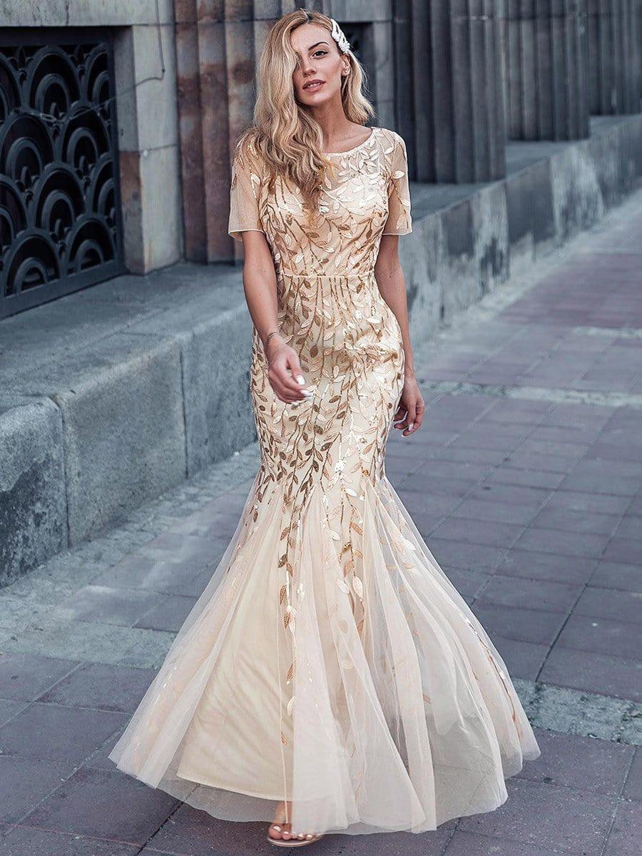 ever JADEN|Floral Sequin Maxi Fishtail Tulle Formal Evening Dress with Short Sleeve