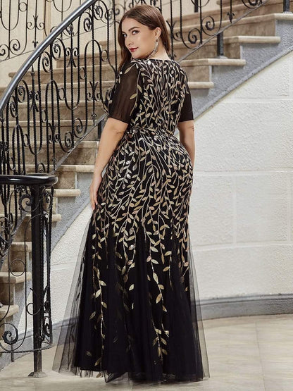 ever JADEN|Floral Sequin Maxi Fishtail Tulle Formal Evening Dress with Short Sleeve