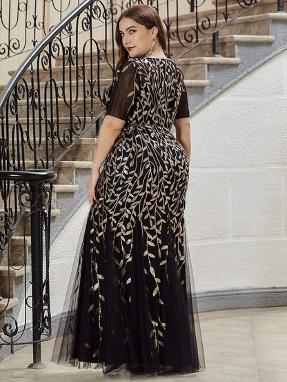 pretty JADEN|Floral Sequin Print Plus Size Mermaid Tulle Evening Dress