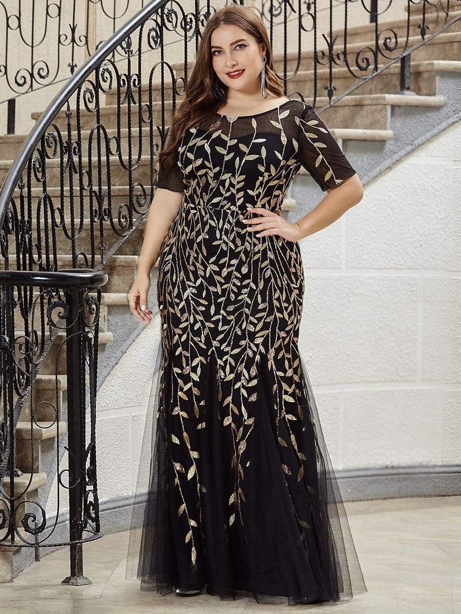 pretty JADEN|Floral Sequin Print Plus Size Mermaid Tulle Evening Dress