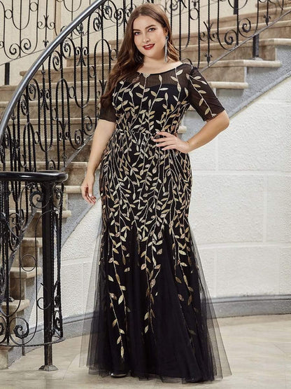pretty JADEN|Floral Sequin Print Plus Size Mermaid Tulle Evening Dress