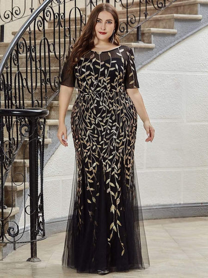 ever JADEN|Floral Sequin Maxi Fishtail Tulle Formal Evening Dress with Short Sleeve