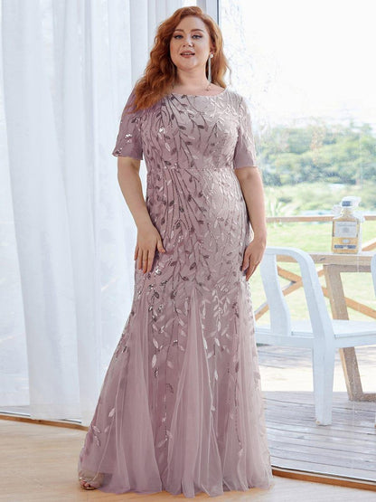 pretty JADEN|Floral Sequin Print Plus Size Mermaid Tulle Evening Dress