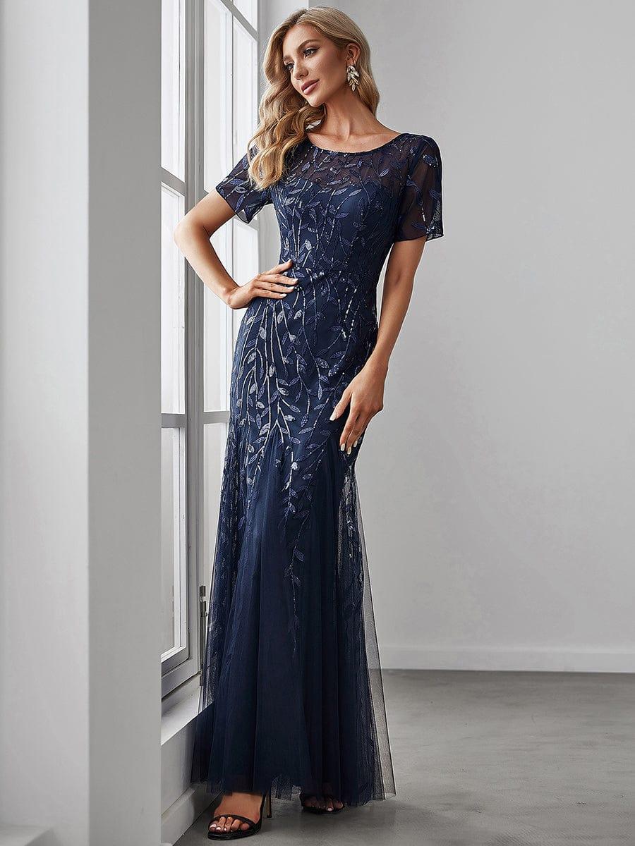 ever JADEN|Floral Sequin Maxi Fishtail Tulle Formal Evening Dress with Short Sleeve