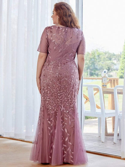 pretty JADEN|Floral Sequin Print Plus Size Mermaid Tulle Evening Dress