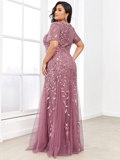 ever JADEN|Floral Sequin Maxi Fishtail Tulle Formal Evening Dress with Short Sleeve