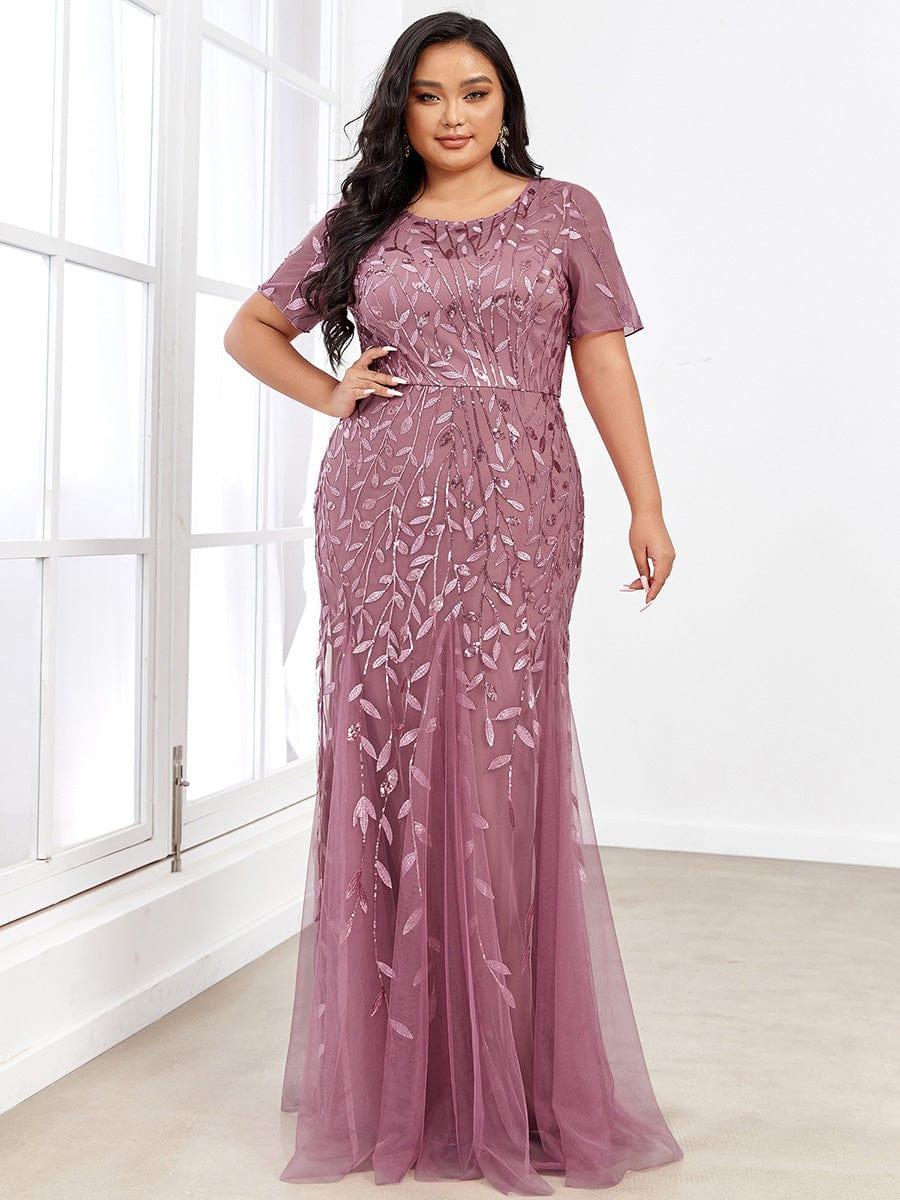 ever JADEN|Floral Sequin Maxi Fishtail Tulle Formal Evening Dress with Short Sleeve