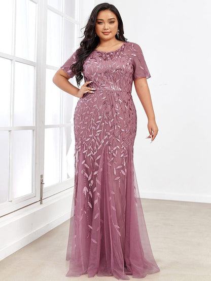 ever JADEN|Floral Sequin Maxi Fishtail Tulle Formal Evening Dress with Short Sleeve
