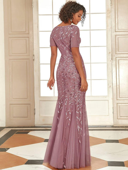 ever JADEN|Floral Sequin Maxi Fishtail Tulle Formal Evening Dress with Short Sleeve