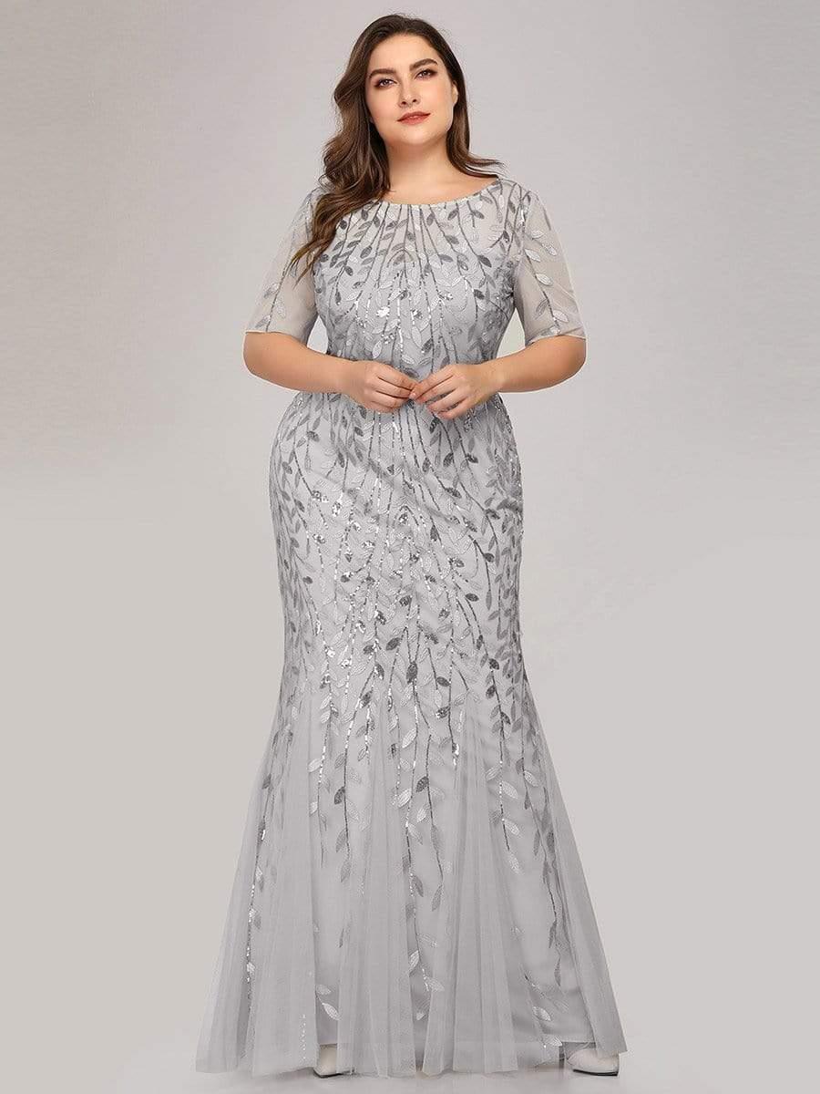pretty JADEN|Floral Sequin Print Plus Size Mermaid Tulle Evening Dress