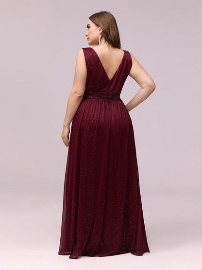 pretty STERLING|Double V Neck Maxi Long Plus Size Sparkly Evening Dresses for Party