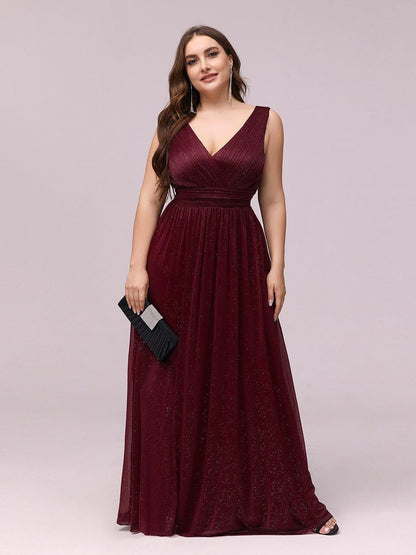 pretty STERLING|Double V Neck Maxi Long Plus Size Sparkly Evening Dresses for Party