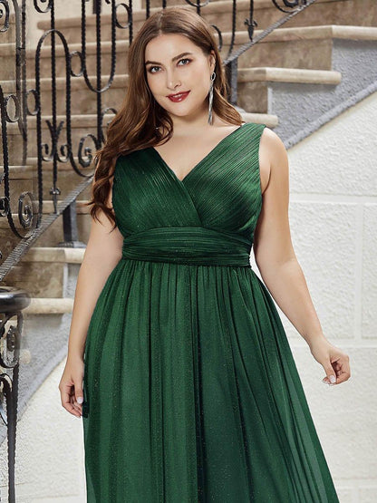 pretty STERLING|Double V Neck Maxi Long Plus Size Sparkly Evening Dresses for Party