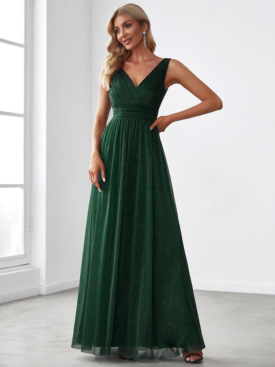 ever STERLING|Double V Neck Floor Length Sparkly Evening Dresses for Party