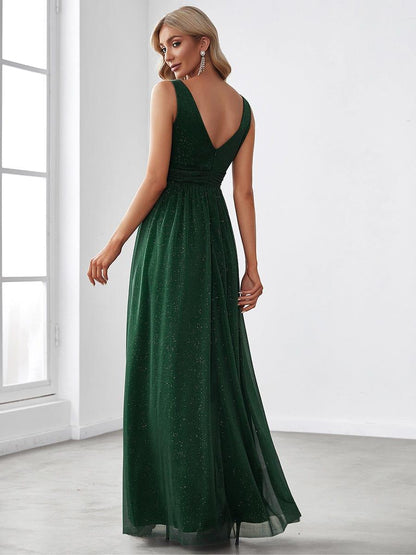 ever STERLING|Double V Neck Floor Length Sparkly Evening Dresses for Party