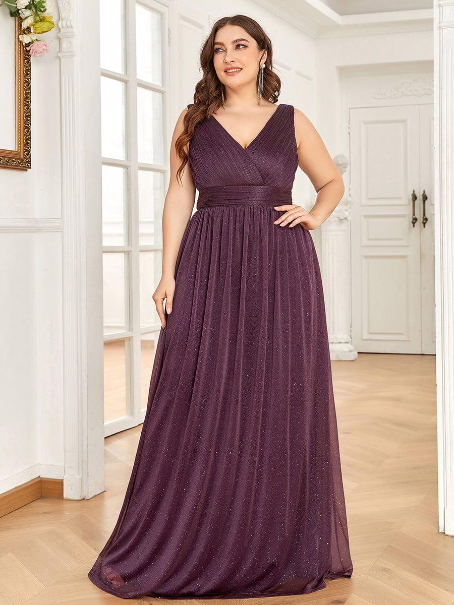 pretty STERLING|Double V Neck Maxi Long Plus Size Sparkly Evening Dresses for Party