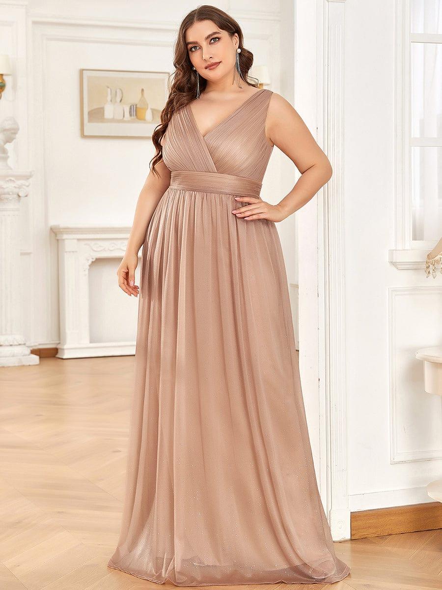 pretty STERLING|Double V Neck Maxi Long Plus Size Sparkly Evening Dresses for Party
